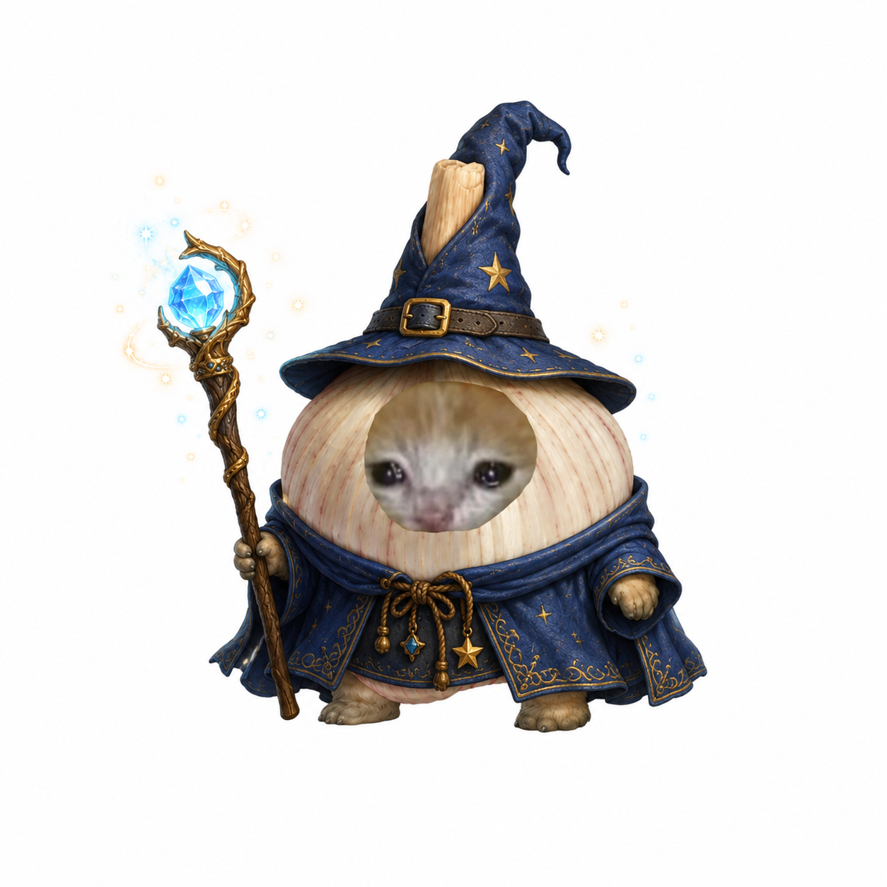 Garlic Cat dressed as a wizard